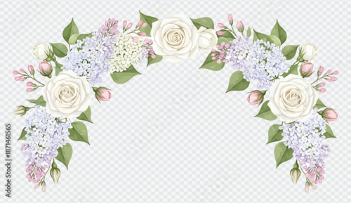 Beautiful floral arrangement with white roses and hydrangeas on transparent background