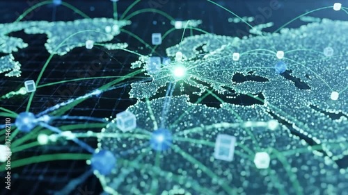 Global network connections visualized on a digital world map