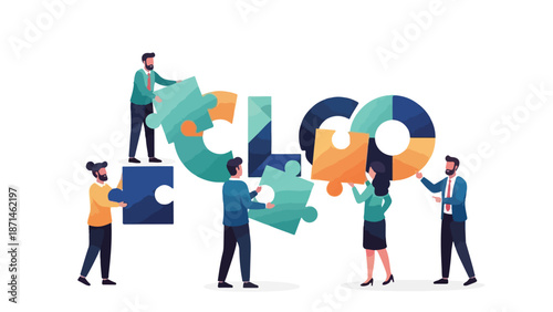 Flat illustration of businesspeople assembling colorful puzzle pieces to form CEO letters on white background with modern style and corporate mood.