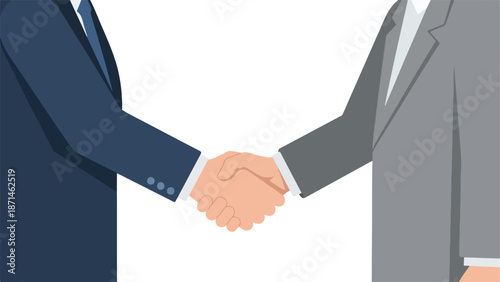 Two businessmen in suits shaking hands against a clean white background with a professional mood.