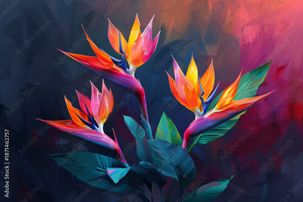 Fototapeta premium Abstract art painting of bird of paradise flowers. Tropical plant with vibrant petals for creative design, exotic decor, graphic illustration.