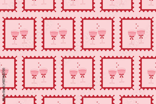 Vector background with postage stamps, festive glasses, and hearts. Ideal for weddings, special events, Valentine's Day, and anniversaries.