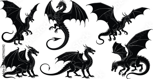 Dragon silhouette vector set with flying and standing fantasy monsters, medieval mythical creature collection for tattoos, logos and emblems