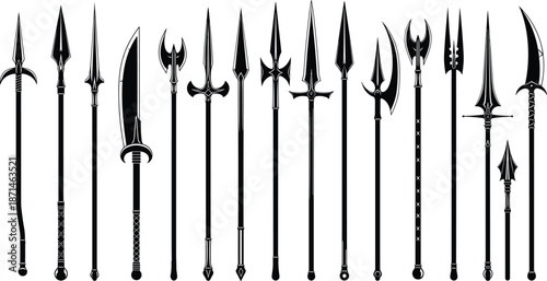 Medieval spear silhouette set, fantasy polearm weapon collection, halberd trident lance pike designs isolated on white background vector