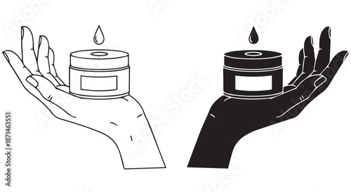 Hands holding skincare product with a drop of serum