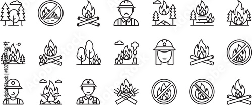 Set of Fire Safety and Forest Fire Prevention Icons with Firefighter and Emergency Symbols