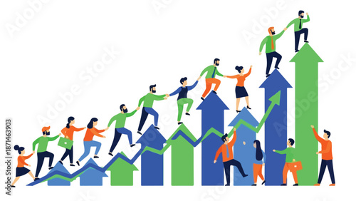 Illustration of diverse businesspeople climbing and helping each other on colorful ascending arrows and bars graph on white background.