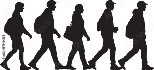 Silhouette of five people walking in a line
