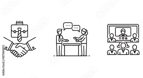 Business professional handshake deal team collaboration meeting video conference call remote work success communication vector illustration