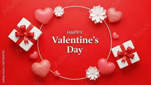 A vibrant valentine s day arrangement featuring hearts flowers and gifts against a bold red background conveying love and affection
