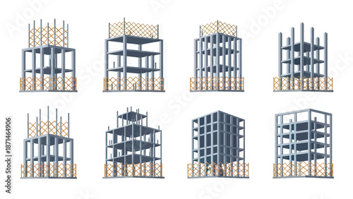 Building Construction Site Icons: Concrete Frames and Scaffolding Elements