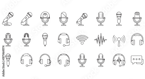 Collection of Black and White Microphones and Audio Equipment Icons for Music, Podcast, and Broadcasting