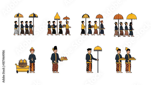 Traditional Procession Figures with Umbrellas and Offerings