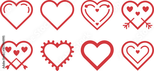 Collection of eight red heart symbols with various designs