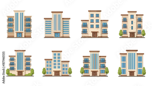 Modern Apartment Buildings Collection with Balconies and Trees