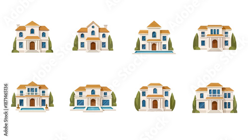 Collection of Elegant Modern Luxury Mansion Houses with Blue Pools