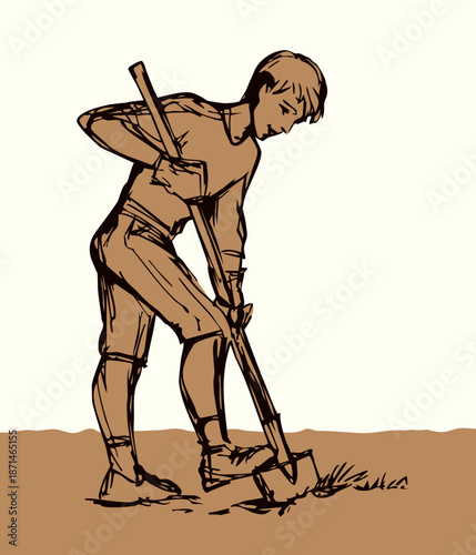 Vector drawing. A gardener dig a soil