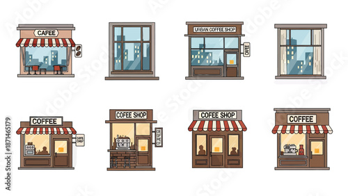 Set of pixel art coffee shop storefronts and windows with city views