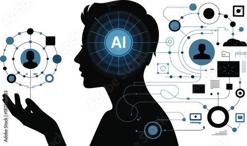 Artificial intelligence concept with human silhouette and neural network