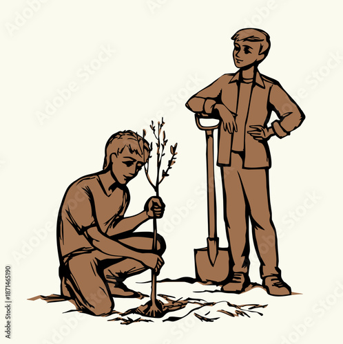 Vector drawing. A boy works in a garden