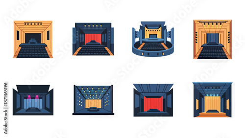 Modern Stage and Auditorium Designs with Seating and Lighting