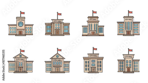 Collection of diverse city hall buildings with flags and clocks
