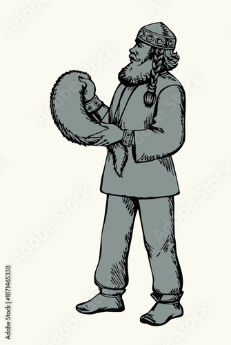 Vector drawing. Man sells a fur
