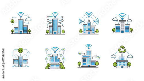 Smart City Buildings with WiFi and Eco Icons, Modern Architecture Collection