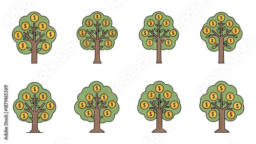 Money Tree Icons with Dollar Coins Growing on Branches