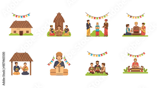 Traditional Village Life Scenes with People and Buildings Vector Art