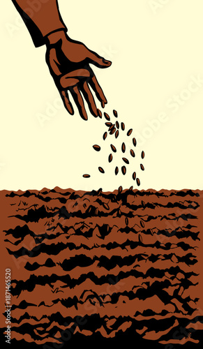 Vector drawing. Man sowing seeds