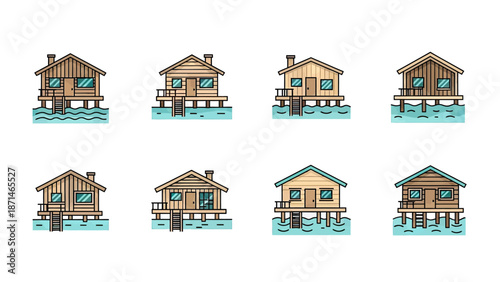Set of Tropical Bungalows on Stilts Over Blue Water