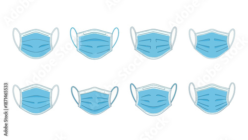 Set of eight blue medical face masks with ear loops