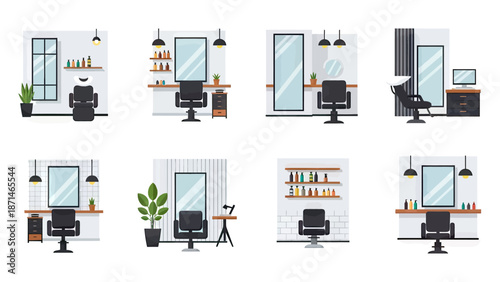 Hair Salon Interior Scenes with Styling Chairs and Mirrors