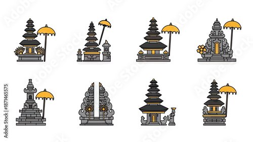 Set of Indonesian Temple Icons with Yellow Umbrellas and Stone Details