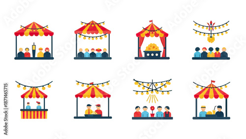 Carnival Booths and Festival Stalls with Festive Lights and People