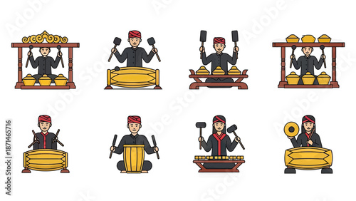 Indonesian Gamelan Musicians Playing Traditional Percussion Instruments