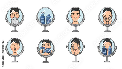 Man Skincare Routine Step-by-Step Reflection in Mirror Icons