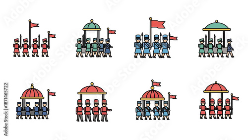 Royal Guard Procession with Flags and Canopy Icons