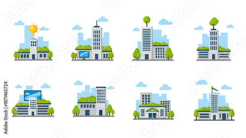 Set of stylized buildings with green roofs and trees, city skyline