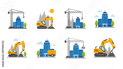 Construction site with cranes and excavators building skyscrapers