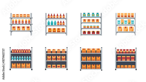 Supermarket Shelves Filled with Various Products and Boxes