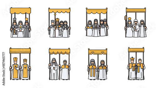 Religious figures in ceremonial robes under canopy icons