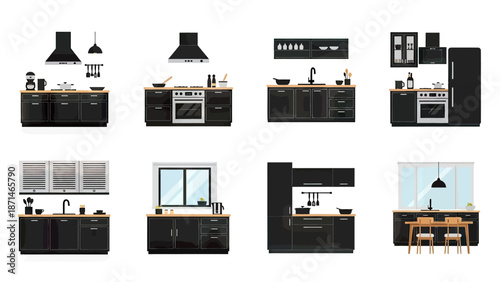 Modern black kitchen set vector illustration