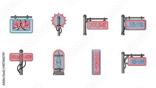 Retro Neon Sign Collection with Vintage Style and Glowing Letters