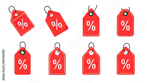 Collection of Red Sale Tags with Percentage Symbols for Discounts