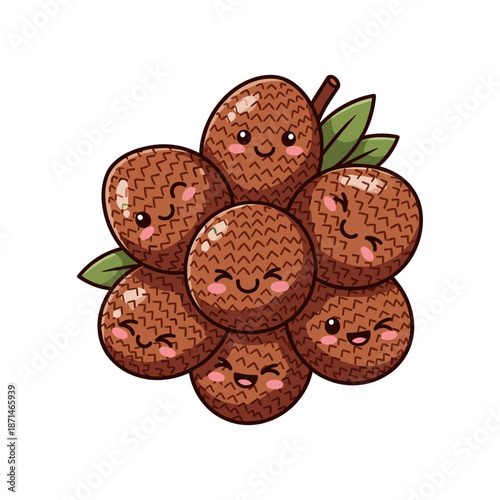 A cheerful cluster of cartoon lychee fruits with expressive faces and green leaves