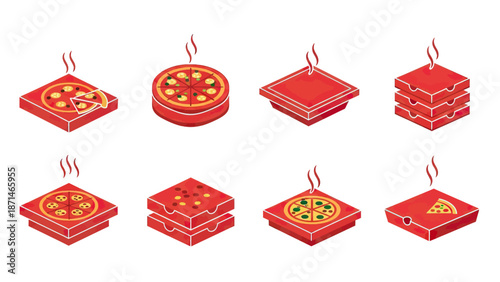 Hot Pizza Boxes with Slices and Toppings Vector Icons Set