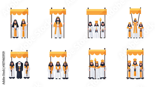 Religious Procession Figures with Canopies and Ornate Robes