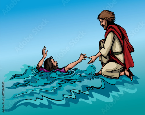 Vector drawing. Jesus helps man in a storm